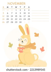 November children's vertical calendar for 2023 with an illustration of a cute rabbit in a scarf with a cup of cocoa. 2023 is the year of the rabbit. Vector autumn illustration calendar page.