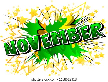 November - Comic book style word on abstract background.