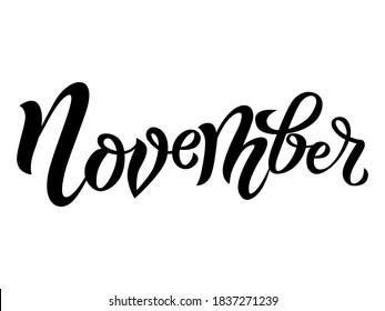 November - cute handwritten modern black outline name of month of the year in english isolated on a white background. 12 months lettering for graphic design, calendar template, education, mockup.