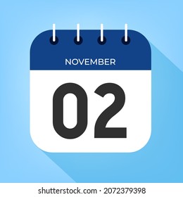 Día 2 de noviembre. Número dos en un papel blanco con borde de color azul oscuro sobre un vector de fondo azul claro.