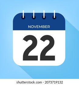 November day 22. Number twenty-two on a white paper with dark blue color border on a clear blue background vector.