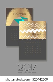 November, December 2017 vector calendar. Creative image on a gold foil background. Can be used as printed or screen image.