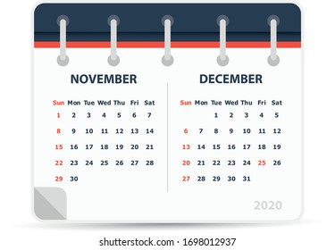 November December 2020 - Calendar Icon - Double calendar - Calendar design template. 