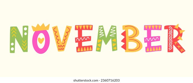 November Decorative Lettering Word Cut Out Header Typography Design Element Isolated on White. Vector Illustration in Vintage Scandinavian Style with Tribal Ornament