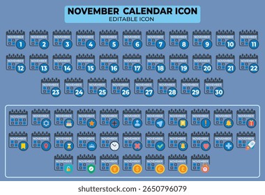 November digital calendar icon set, editable vector flat design for scheduling and planning