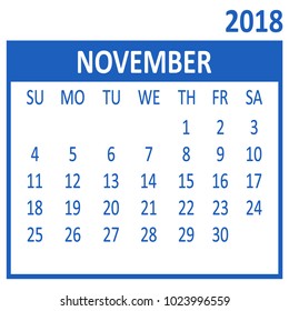 November. Eleventh page of set. Calendar 2018, template. Week starts from Sunday. Vector illustration