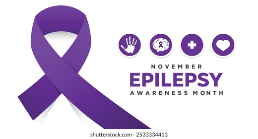November Is Epilepsy Awareness Month. Ribbon, hand, brain, plus icon and heart. Great for cards, banners, posters, social media and more. White background. 