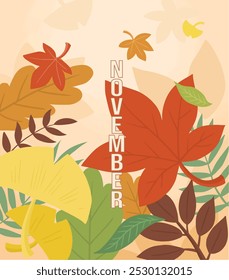 November fall season illustration with colorful fallen leaves