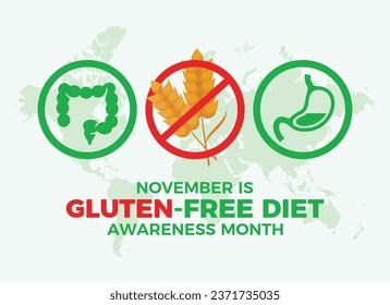 November is Gluten-free Diet Awareness Month vector illustration. Celiac disease and gluten issues icon set vector. Gluten intolerance symbol. Important day