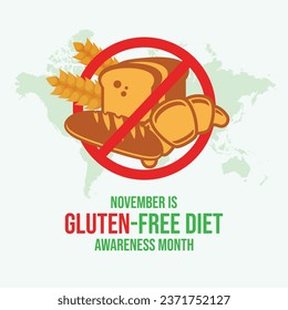 Noviembre es la ilustración vectorial del Mes de Concienciación Dietaria sin Gluten. No hay o detiene el elemento de diseño gráfico gluten. Signo de prohibición de la enfermedad celíaca. Símbolo de intolerancia al gluten. Día importante