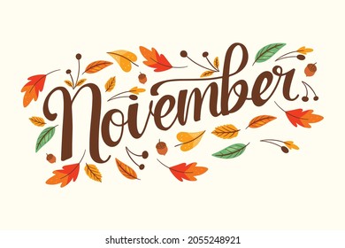 November Hand Lettering with Autumn Leaves Hand Drawn Decoration