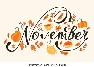 November Hand Lettering with Autumn Leaves Hand Drawn Decoration