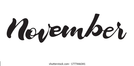 Texto con letras a mano de noviembre. Ilustración vectorial como afiche, postal, postal, plantilla de invitación. Concepto publicitario de noviembre
