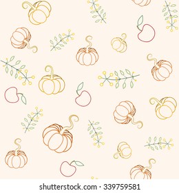 November harvest seamless background. Repeatable textile or web pattern with pumpkins, apples and flowers line art pattern. Vector file is EPS8.