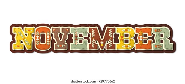 November, illustrated name of calendar month on white background, vector illustration, eps 10 with transparency