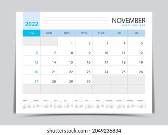 November layout design, calendar 2022 year template, Planner simple, Desk calendar 2022 design, Week Starts on Sunday, Wall calendar design, printing media, advertisement, office organizer, vector
