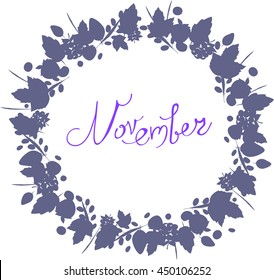 November lettering in a frame of leaves, autumn elements and templates gray blue color on white background. hipster background. Autumn template.