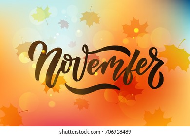 November lettering typography. Modern autumn calligraphy. Vector illustration on textured background as poster, postcard, card, invitation template. Concept celebration advertising.