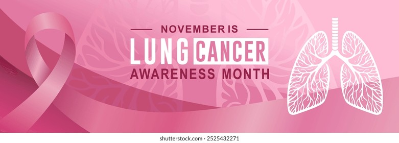 November, Lungenkrebs-Bewusstsein Monat Text mit wellenförmigen rosa Band und Lungen-Symbol auf dunkelrosa Hintergrund Vektor-Design Lung Cancer Awareness Monat Banner. Vektorgrafik.