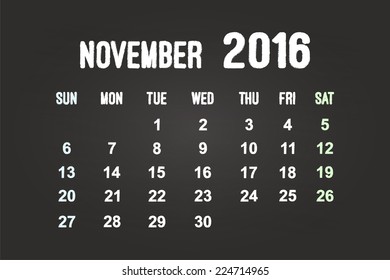 November Month 2016 Calendar On Blackboard