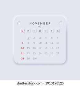 November month 2021 calendar. Neumorphism style. Vector EPS 10. Isolated on white background