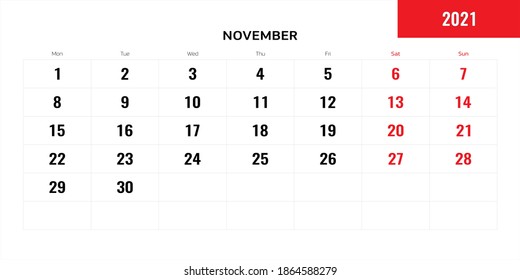 November month for 2021 year planning calendar. Vector illustration.