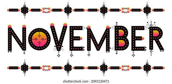 November month banner. Month name vector sticker. Ethnic style Aztec pattern label. New Year calendar illustration. Text for greeting cards journals scrapbook children web chat and banners.