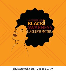 November, month of black awareness, Black Lives Matter campaign poster banner, support black people to gain equal rights. Stop racism.