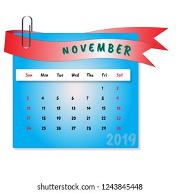 November month calendar 2019 vector with blue background and red ribbon with paper clip. Happy new year 2019