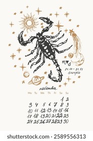 November month calendar with hand drawn scorpio zodiac signs illustration, planets, sun, moon, stars. Horoscope background, astrology planner in black and gold colors.