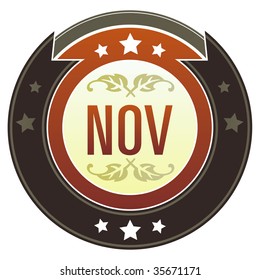 November month calendar icon on round red and brown imperial vector button with star accents suitable for use on website, in print and promotional materials, and for advertising.