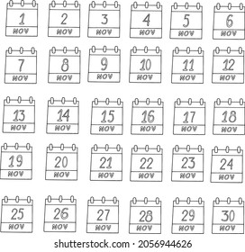 november month calendar set page hand drawn in doodle style. minimalism monochrome scandinavian nordic liner. planning, business, date, day. collection icon, sticker, print