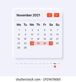 Calendario del mes de noviembre. plantilla de interfaz de usuario. Selector rojo degradado. widget de estilo de neumorfismo. Ilustración del vector