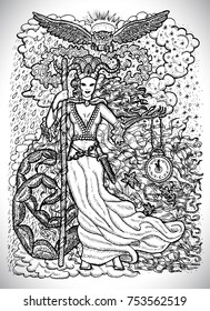November month graphic concept. Hand drawn engraved fantasy illustration. Scary queen of Autumn with clock in skeleton hand against the background of rain and snow