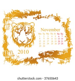 November month with tiger grunge Calendar 2010 year