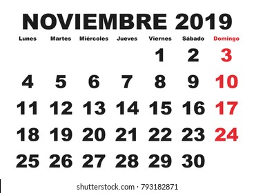 November month in a year 2019 wall calendar in spanish. Noviembre 2019. Calendario 2019