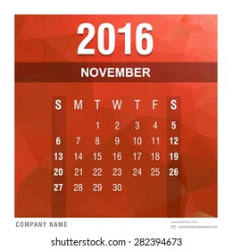 November Monthly Calendar 2016 vector design template. polygonal orange background - abstract new year calendar template vector illustration