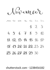 November. Monthly calendar for 2019 year. Handwritten modern calligraphy. Elegant, cute and stylish. Week starts on Monday. Perfect for planners, calendars, organizers.