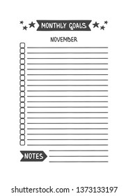 November Monthly Goals. Vector Template for Agenda, Planner and Other Stationery. Printable Organizer for Study, School or Work. Objects Isolated on White Background.