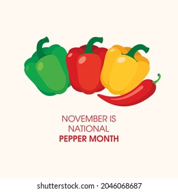 November is National Pepper Month vector. Sweet and hot peppers vector. Green, red, yellow bell pepper icon vector. Important day
