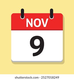 Noveno de noviembre. 9 de noviembre. Calendario diario en Vector de diseño plano. Ilustración del día. Concepto de tiempo. Icono de fecha. Mes.