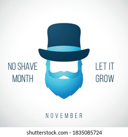 November, no shave month. Man in blue mustache and beard. Let it grow. Stock vector illustration.