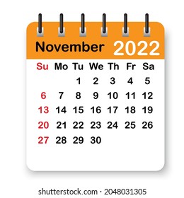 November orange 2022 calendar. Page on spiral. Simple diary design. Office template. Vector illustration. Stock image. 