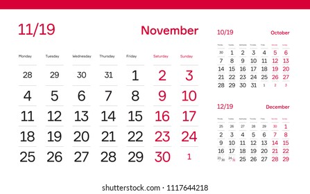 NOVEMBER PAGE. 12 Months Premium 2019 Calendar Grid Set. Table, Wall, Desk, Quarter Diary Calendar 2019 Year Design. Clean, Simple Diary Planner. Vector, Editable. White Background and Red Font.
