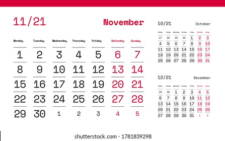 NOVEMBER PAGE. 12 Months Premium 2021 Calendar Grid Set. The 2021 Year Quarterly Desk Company Calendar. Table, Wall, Desk, or Quarter. Clean, Simple, Trio Design. Vector, Editable Design Template.