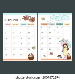 NOVEMBER PLANNER 2021 Monthly calendar Printable Page Template Schedule With Girl Under Umbrella And Basket Of Fruits And Mushrooms Cartoon Vector illustration