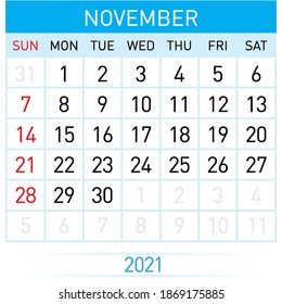 November Planner Calendar 2021. Illustration of Calendar in Simple and Clean Table Style for Template Design on White Background. Week Starts on Sunday