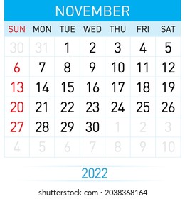 November Planner Calendar 2022. Illustration of Calendar in Simple and Clean Table Style for Template Design on White Background. Week Starts on Sunday