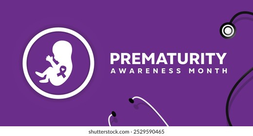 November is Prematurity Awareness Month. Baby, ribbon and stesthoscope. Great for cards, banners, posters, social media and more. Purple background. 