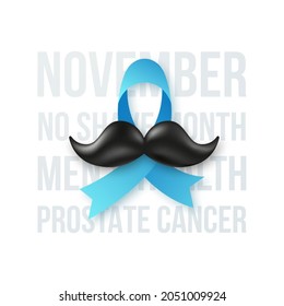 November Prostate cancer awareness. Blue ribbon with black mustache and lettering: November no shave month, menth health prostate cancer.